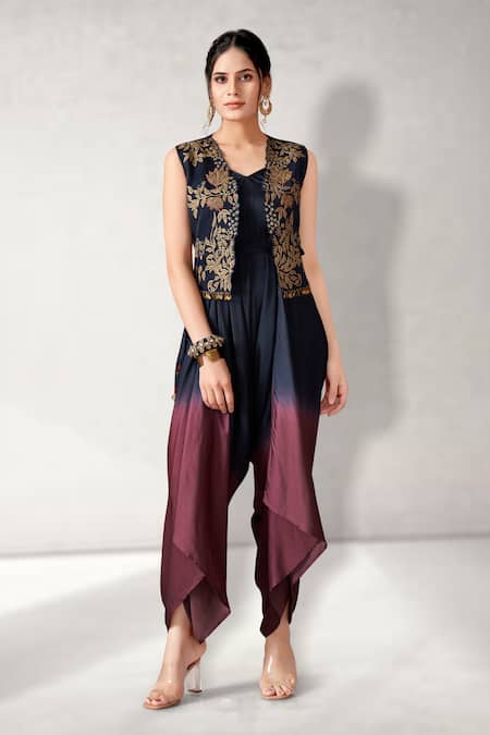Buy_Aditi Somani_Blue Modal, Suede Embroidery V-, Open Ombre Draped Jumpsuit With Jacket _at_Aza_Fashions