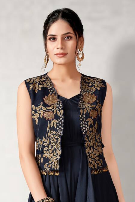 Aditi Somani_Blue Modal, Suede Embroidery V-, Open Ombre Draped Jumpsuit With Jacket _Online_at_Aza_Fashions