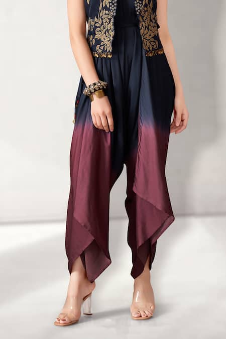 Buy_Aditi Somani_Blue Modal, Suede Embroidery V-, Open Ombre Draped Jumpsuit With Jacket _Online_at_Aza_Fashions