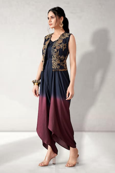 Shop_Aditi Somani_Blue Modal, Suede Embroidery V-, Open Ombre Draped Jumpsuit With Jacket _Online_at_Aza_Fashions