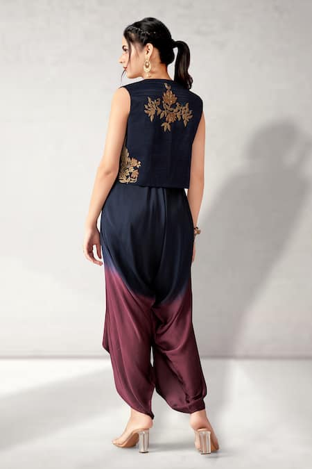 Shop_Aditi Somani_Blue Modal, Suede Embroidery V-, Open Ombre Draped Jumpsuit With Jacket _at_Aza_Fashions