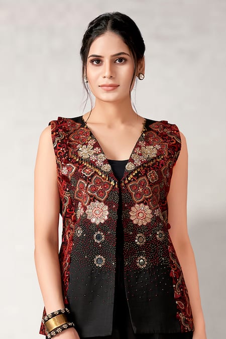 Aditi Somani_Black Satin, Muslin Embroidery V-neck Ombre Pant With Jacket _Online_at_Aza_Fashions