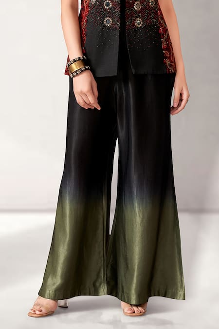 Buy_Aditi Somani_Black Satin, Muslin Embroidery V-neck Ombre Pant With Jacket _Online_at_Aza_Fashions