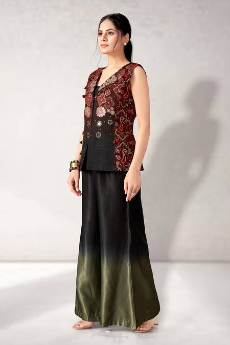 Shop_Aditi Somani_Black Satin, Muslin Embroidery V-neck Ombre Pant With Jacket _Online_at_Aza_Fashions