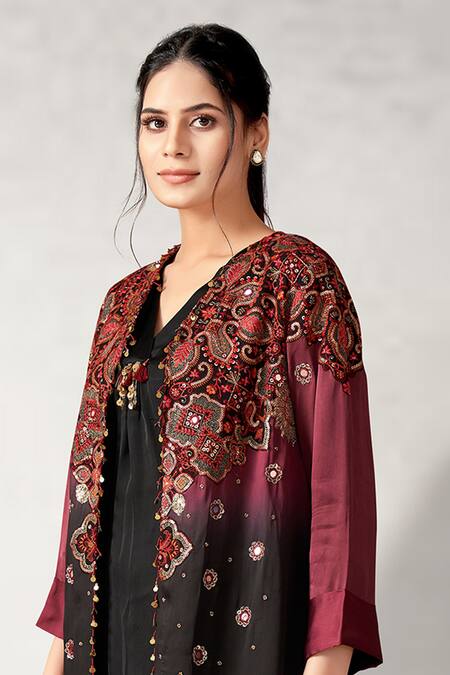 Aditi Somani_Maroon Embroidered Ombre Cape With Top _Online_at_Aza_Fashions