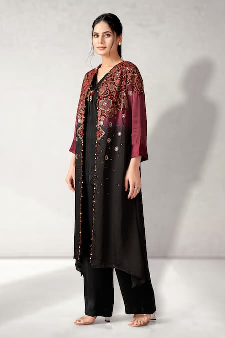 Shop_Aditi Somani_Maroon Embroidered Ombre Cape With Top _Online_at_Aza_Fashions