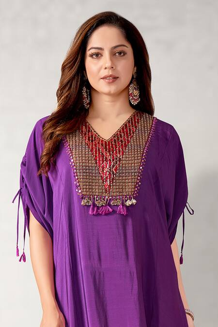 Buy_Aditi Somani_Purple Crepe Sequins, Tassels V-neck Patola Yoke Kaftan With Pant _Online_at_Aza_Fashions