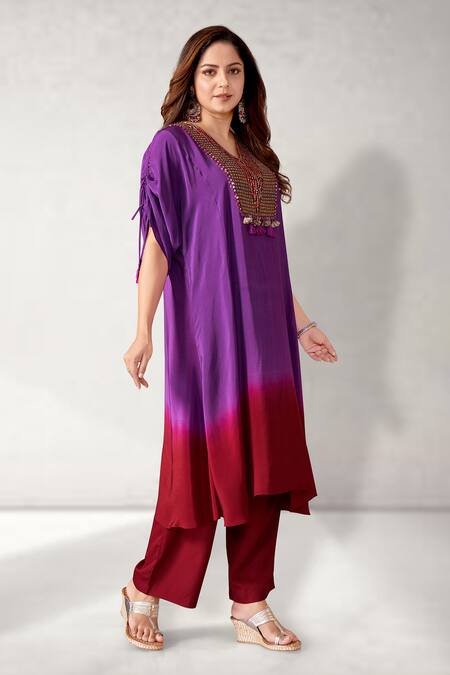 Shop_Aditi Somani_Purple Crepe Sequins, Tassels V-neck Patola Yoke Kaftan With Pant _Online_at_Aza_Fashions
