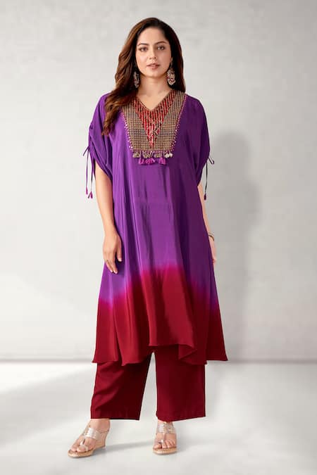 Aditi Somani Purple Crepe Sequins, Tassels V-neck Patola Yoke Kaftan With Pant