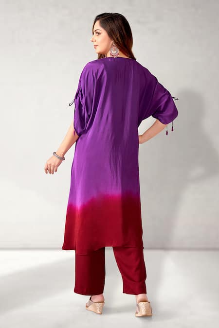 Shop_Aditi Somani_Purple Crepe Sequins, Tassels V-neck Patola Yoke Kaftan With Pant _at_Aza_Fashions