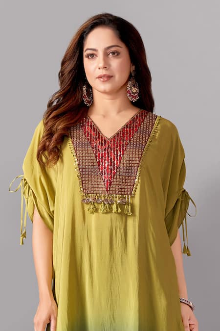 Aditi Somani_Green Crepe Sequins, Tassels V-neck Patola Yoke Ombre Kaftan With Pant _Online_at_Aza_Fashions