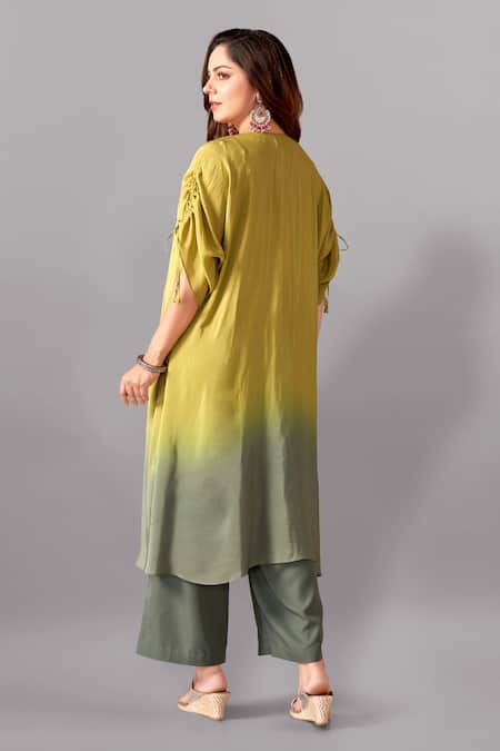Shop_Aditi Somani_Green Crepe Sequins, Tassels V-neck Patola Yoke Ombre Kaftan With Pant _at_Aza_Fashions