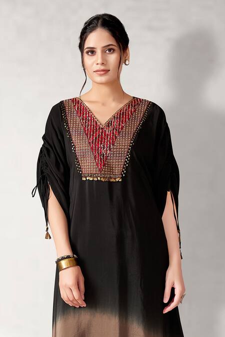 Buy Aditi Somani Black Crepe Sequins, Tassels V-neck Ombre Kaftan With Pant Online at Aza Fashions Buy_Aditi Somani_Black Crepe Sequins, Tassels V-neck Ombre Kaftan With Pant _Online_at_Aza_Fashions
