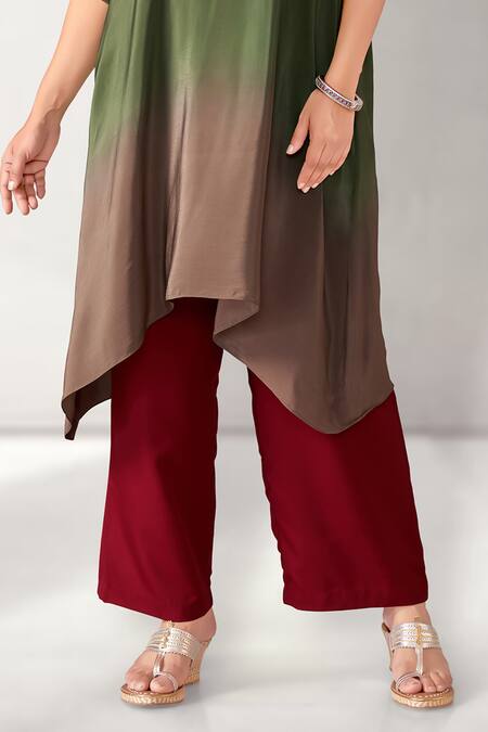 Aditi Somani_Green Crepe Sequins V-neck Embroidered Yoke Ombre Kaftan With Pant _Online_at_Aza_Fashions