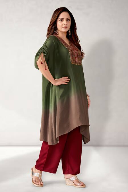 Shop_Aditi Somani_Green Crepe Sequins V-neck Embroidered Yoke Ombre Kaftan With Pant _Online_at_Aza_Fashions