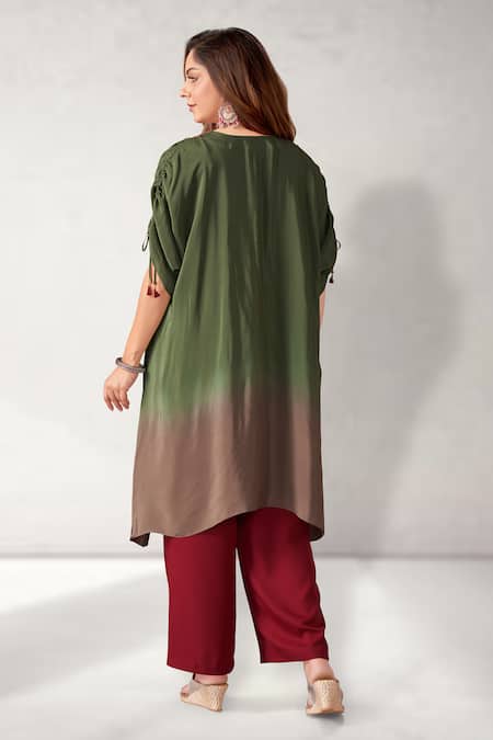 Shop_Aditi Somani_Green Crepe Sequins V-neck Embroidered Yoke Ombre Kaftan With Pant _at_Aza_Fashions
