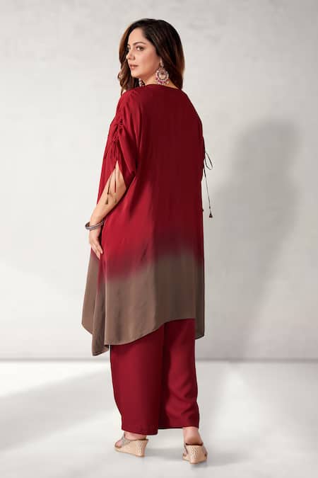 Shop Aditi Somani Maroon Crepe Sequins, Tassels V-neck Embroidered Yoke Kaftan With Pant at Aza Fashions Shop_Aditi Somani_Maroon Crepe Sequins, Tassels V-neck Embroidered Yoke Kaftan With Pant _at_Aza_Fashions