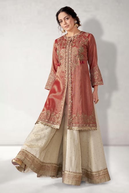 Aditi Somani_Red Tissue, Silk Beads, Sequins, Tassels Floral Embroidered Kurta With Sharara _Online_at_Aza_Fashions