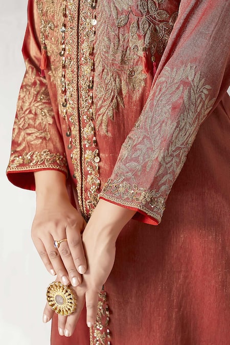 Buy_Aditi Somani_Red Tissue, Silk Beads, Sequins, Tassels Floral Embroidered Kurta With Sharara _Online_at_Aza_Fashions