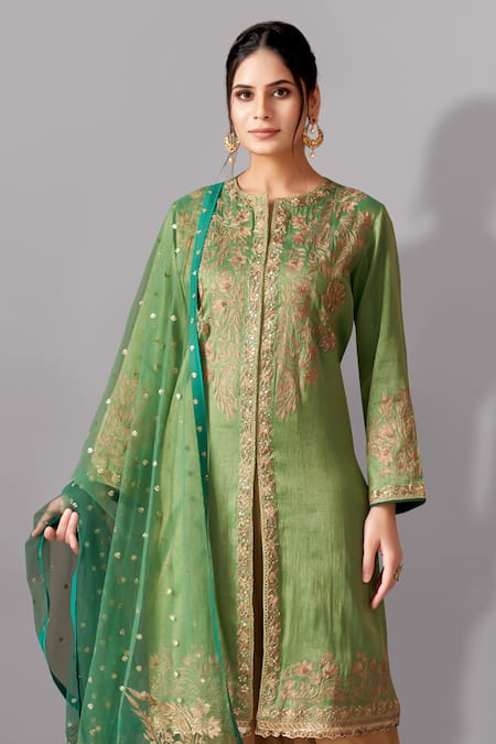 Buy_Aditi Somani_Green Tissue, Silk Beads, Sequins, Tassels, Embroidery Round Floral Kurta Set _Online_at_Aza_Fashions