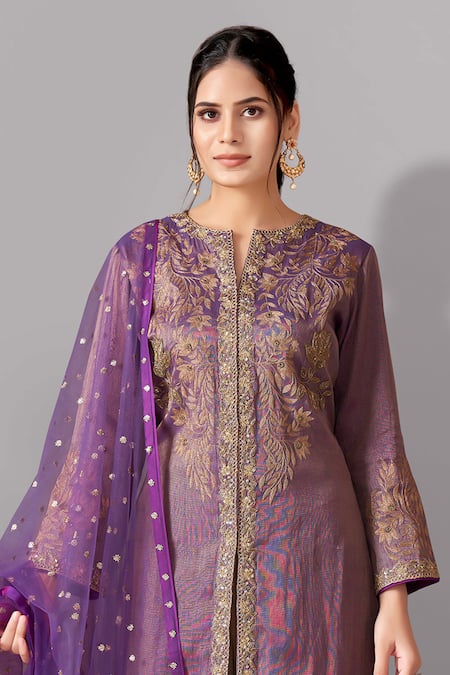 Aditi Somani_Purple Tissue, Silk Beads, Sequins, Tassels, Floral Kurta Harem Pant Set _Online_at_Aza_Fashions
