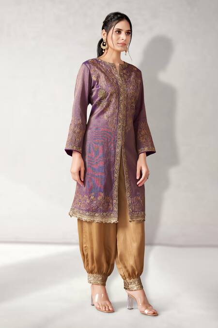 Buy_Aditi Somani_Purple Tissue, Silk Beads, Sequins, Tassels, Floral Kurta Harem Pant Set _Online_at_Aza_Fashions