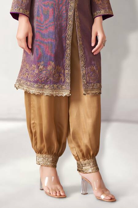 Shop_Aditi Somani_Purple Tissue, Silk Beads, Sequins, Tassels, Floral Kurta Harem Pant Set _Online_at_Aza_Fashions