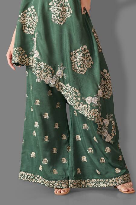 Aditi Somani_Green Silk Embroidery One Shoulder Gara Kurta With Flared Pant _Online_at_Aza_Fashions