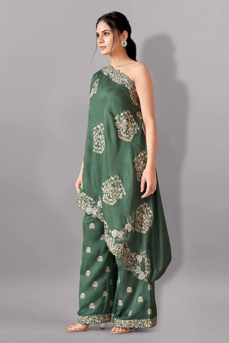 Shop_Aditi Somani_Green Silk Embroidery One Shoulder Gara Kurta With Flared Pant _Online_at_Aza_Fashions