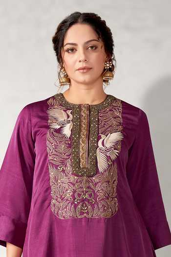 Buy Aditi Somani Purple Silk Embroidery Round Neck Floral Kurta With Pant Online at Aza Fashions Buy_Aditi Somani_Purple Silk Embroidery Round Neck Floral Kurta With Pant _Online_at_Aza_Fashions