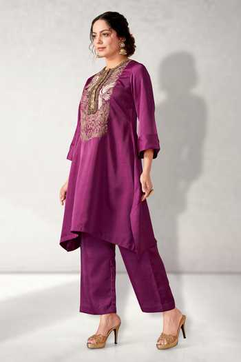 Shop Aditi Somani Purple Silk Embroidery Round Neck Floral Kurta With Pant Online at Aza Fashions Shop_Aditi Somani_Purple Silk Embroidery Round Neck Floral Kurta With Pant _Online_at_Aza_Fashions