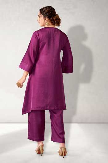 Shop Aditi Somani Purple Silk Embroidery Round Neck Floral Kurta With Pant at Aza Fashions Shop_Aditi Somani_Purple Silk Embroidery Round Neck Floral Kurta With Pant _at_Aza_Fashions