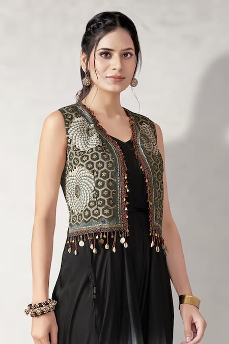 Buy_Aditi Somani_Green Modal, Pure Cotton Embroidery, Tassels V-neck, Fusion Jumpsuit And Jacket _Online_at_Aza_Fashions