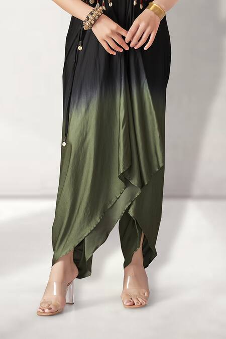 Shop_Aditi Somani_Green Modal, Pure Cotton Embroidery, Tassels V-neck, Fusion Jumpsuit And Jacket _Online_at_Aza_Fashions