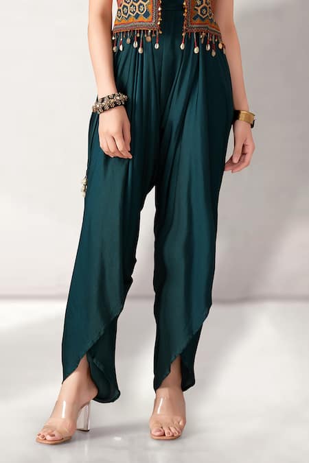 Buy_Aditi Somani_Blue Modal Embroidery, Tassels V-neck, Open Solid Draped Jumpsuit With Jacket _Online_at_Aza_Fashions