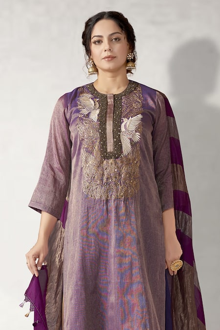 Aditi Somani_Purple Silk, Tissue Embroidery Round Neck Bird Kurta Set _Online_at_Aza_Fashions