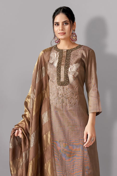 Aditi Somani_Brown Tissue, Silk Embroidery, Tassels Round Neck Bird Kurta Pant Set _Online_at_Aza_Fashions