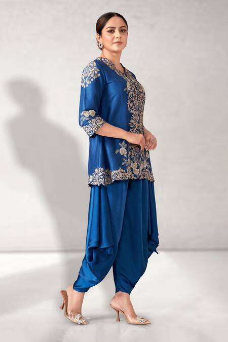 Buy Aditi Somani Blue Silk Embroidery V-neck Floral Tunic Dhoti Pant Set Online at Aza Fashions Buy_Aditi Somani_Blue Silk Embroidery V-neck Floral Tunic Dhoti Pant Set _Online_at_Aza_Fashions