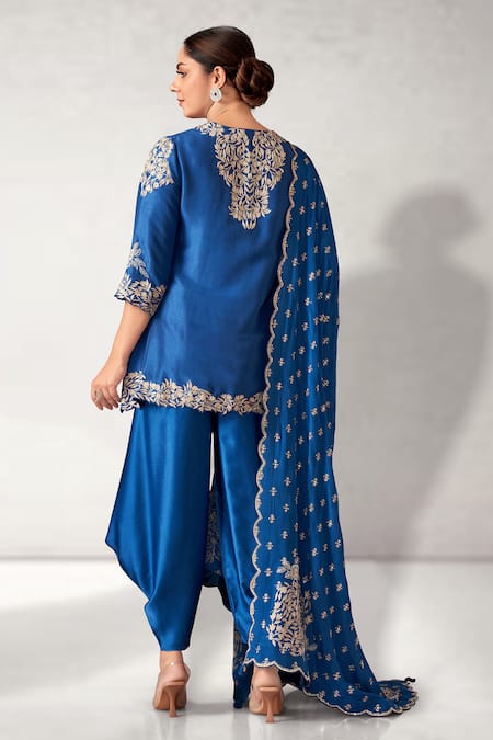 Shop Aditi Somani Blue Silk Embroidery V-neck Floral Tunic Dhoti Pant Set at Aza Fashions Shop_Aditi Somani_Blue Silk Embroidery V-neck Floral Tunic Dhoti Pant Set _at_Aza_Fashions