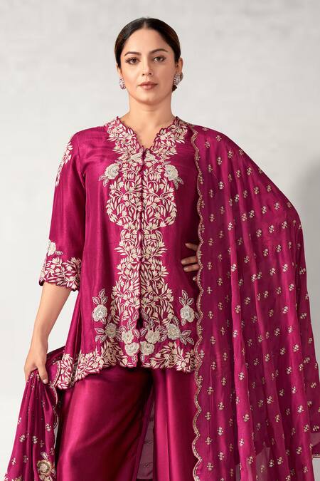 Aditi Somani Pink Silk Embroidery V-neck Slit Tunic Dhoti Pant Set Online at Aza Fashions Aditi Somani_Pink Silk Embroidery V-neck Slit Tunic Dhoti Pant Set _Online_at_Aza_Fashions