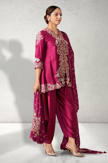 Buy Aditi Somani Pink Silk Embroidery V-neck Slit Tunic Dhoti Pant Set Online at Aza Fashions Buy_Aditi Somani_Pink Silk Embroidery V-neck Slit Tunic Dhoti Pant Set _Online_at_Aza_Fashions