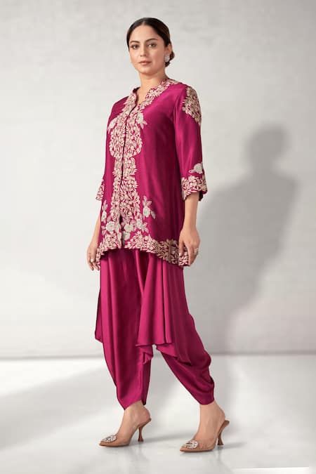 Shop Aditi Somani Pink Silk Embroidery V-neck Slit Tunic Dhoti Pant Set Online at Aza Fashions Shop_Aditi Somani_Pink Silk Embroidery V-neck Slit Tunic Dhoti Pant Set _Online_at_Aza_Fashions