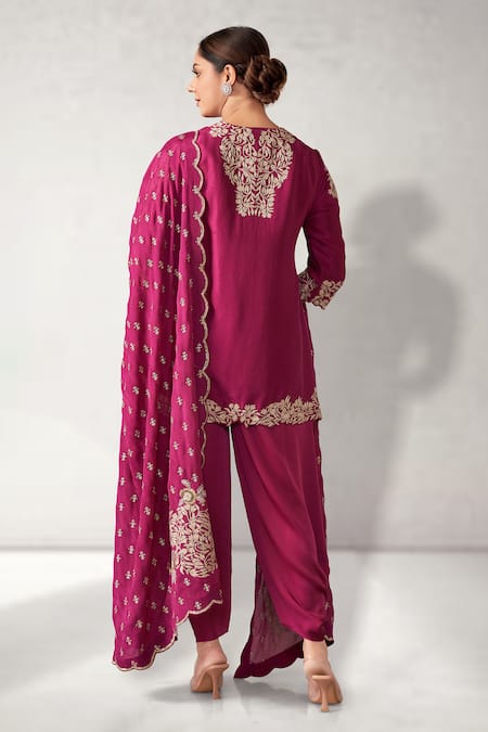Shop Aditi Somani Pink Silk Embroidery V-neck Slit Tunic Dhoti Pant Set at Aza Fashions Shop_Aditi Somani_Pink Silk Embroidery V-neck Slit Tunic Dhoti Pant Set _at_Aza_Fashions