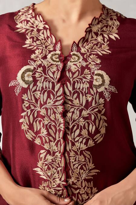 Buy Aditi Somani Maroon Silk Embroidery V-neck Floral Slit Tunic Set Online at Aza Fashions Buy_Aditi Somani_Maroon Silk Embroidery V-neck Floral Slit Tunic Set _Online_at_Aza_Fashions