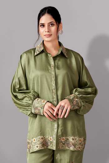 Aditi Somani Green Silk Embroidery Collared Floral Shirt And Pant Set Online at Aza Fashions Aditi Somani_Green Silk Embroidery Collared Floral Shirt And Pant Set _Online_at_Aza_Fashions