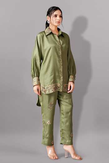 Buy Aditi Somani Green Silk Embroidery Collared Floral Shirt And Pant Set Online at Aza Fashions Buy_Aditi Somani_Green Silk Embroidery Collared Floral Shirt And Pant Set _Online_at_Aza_Fashions