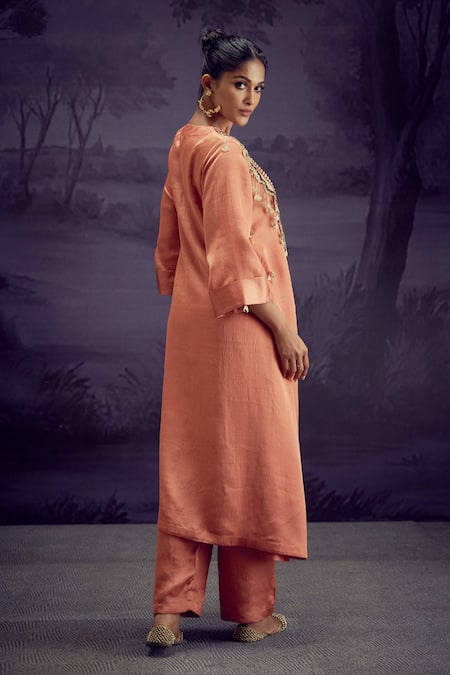 Shop_Aditi Somani_Peach Nylon, Silk Tassels V-neck Patola Yoke Kurta With Pant _at_Aza_Fashions