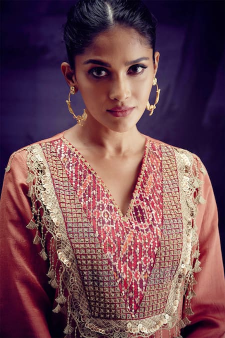 Buy_Aditi Somani_Peach Nylon, Silk Tassels V-neck Patola Yoke Kurta With Pant _Online_at_Aza_Fashions