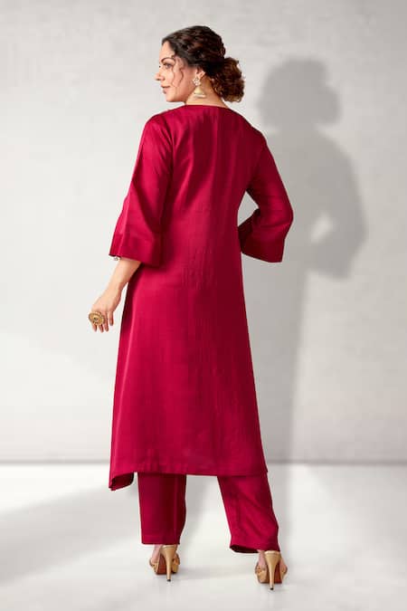 Shop_Aditi Somani_Magenta Silk Tassels, Embroidery V-neck Patola Yoke Kurta And Pant Set _at_Aza_Fashions