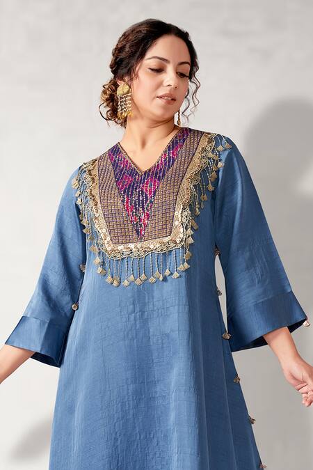 Aditi Somani Blue Silk Tassels V-neck Embroidered Patola Yoke Kurta And Pant Set Online at Aza Fashions Aditi Somani_Blue Silk Tassels V-neck Embroidered Patola Yoke Kurta And Pant Set _Online_at_Aza_Fashions